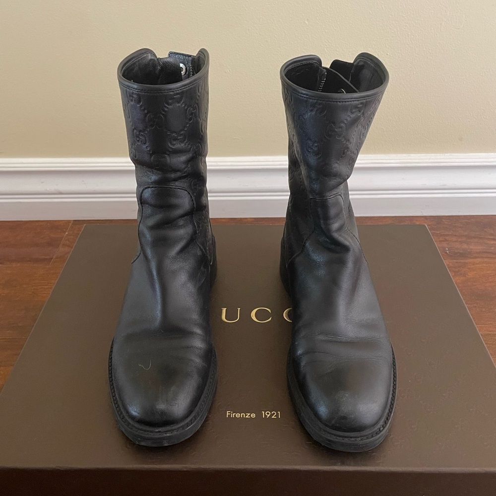 Gucci Black Embossed Leather Mid-Calf Boots - Men's